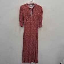 Rixo Isabella Autumn Leaf Print Keyhole Neck Viscose Midi Dress Size Uk 10