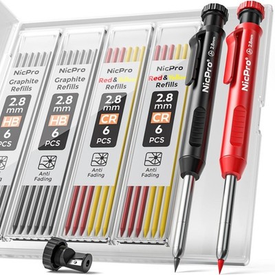 Nicpro Carpenter Mechanical Pencil Set w/ Sharpener, 26 Refills, Case