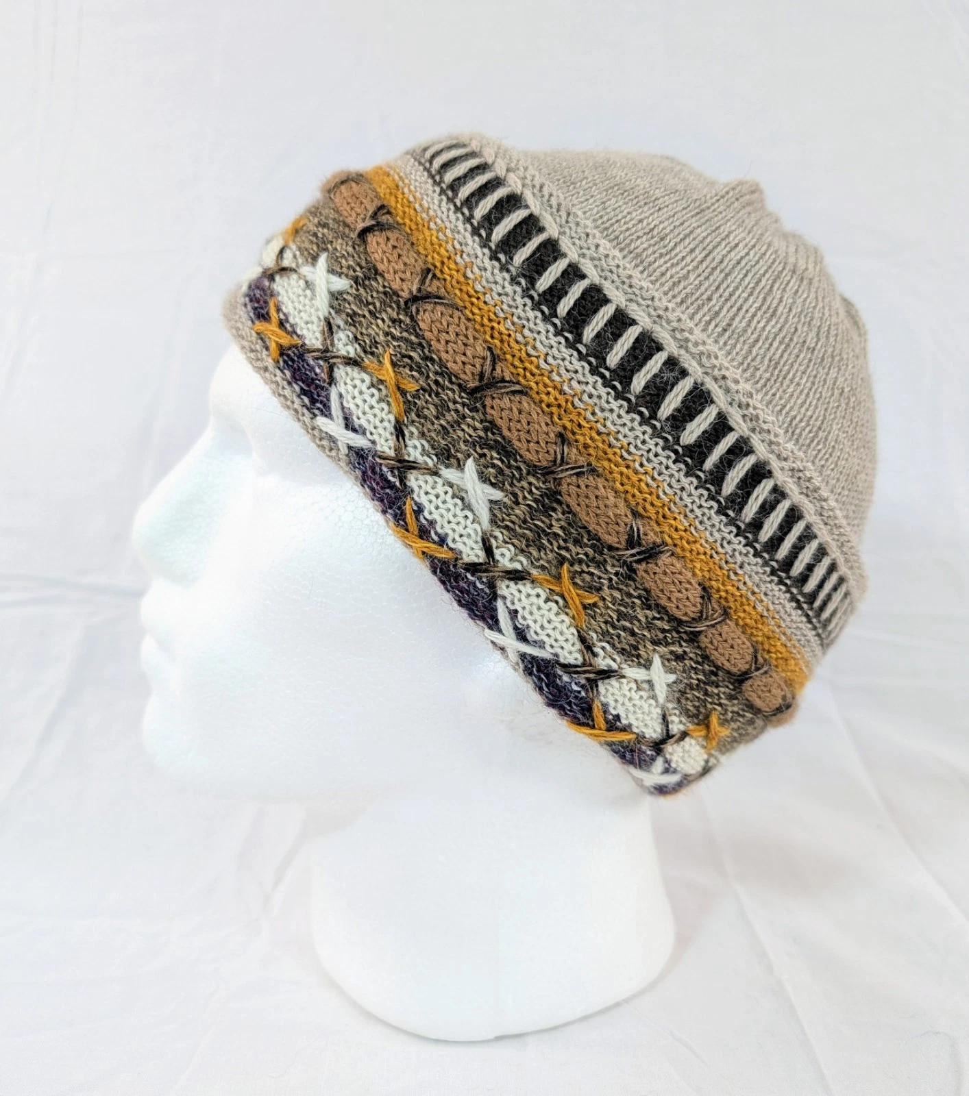 Colorful Handmade Soft Alpaca Beige Beanie Unisex Boho Peru