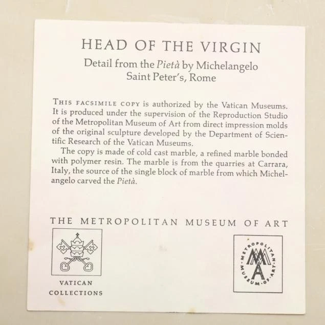 Metropolitan Museum Art Michelangelo Pieta Head of The Virgin Marble Sculpture - Image 2 of 4