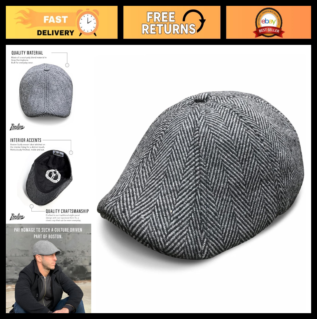 Peaky Blinders Newsboy Cap - 8 Panel Flat Hat for Men - Grey Herringbone Style