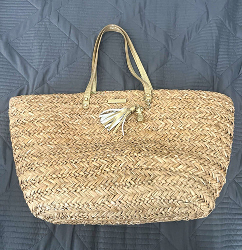 Lily Pulitzer  Lg Straw Woven Tote Bag Tassel Charm Lined Floral Cotton