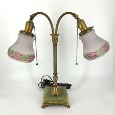 Antique Art Nouveau Double Arm Lamp Glass Floral Shades Green Onyx Base