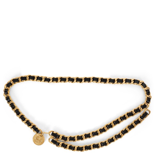 Gold-Tone Chain Belt with Black Leather and Coin Medallion