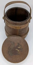 Wooden Firkin Sugar Bucket Squirrel Image Primitive With Lid Handle Antique 6"