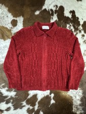Vintage Alfred Dunner Red Chenille Cable Knit Full Zip Grandmacore Sweater Sz M