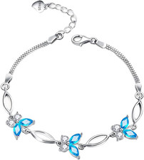 Gifts for Women S925 Sterling Silver Purple Butterfly Bracelet,Adjustable Charm