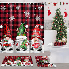 Fayoo 4Pcs Gnome Christmas Shower Curtain Set, Buffalo Plaid Bathroom Rugs