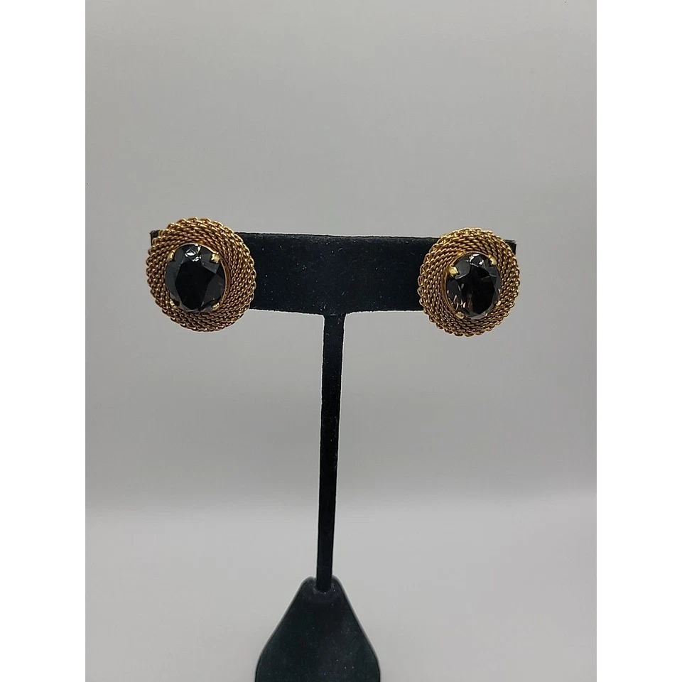 Pendientes de clip de malla de cuerda tono dorado vintage centro de vidrio marrón ahumado Foto 2 de 4