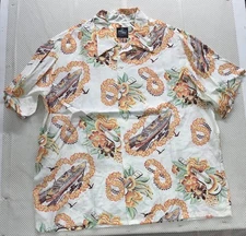 Aloha Kona Bay White Rayon Guitar Cruise Hawaiian Shirt Short Sleeve Size 3XL