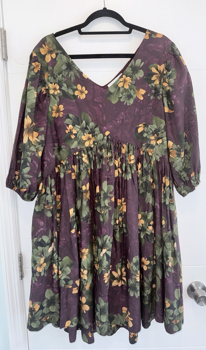 purple and green floral dress Merlette Balboa Midi Small self tie belt