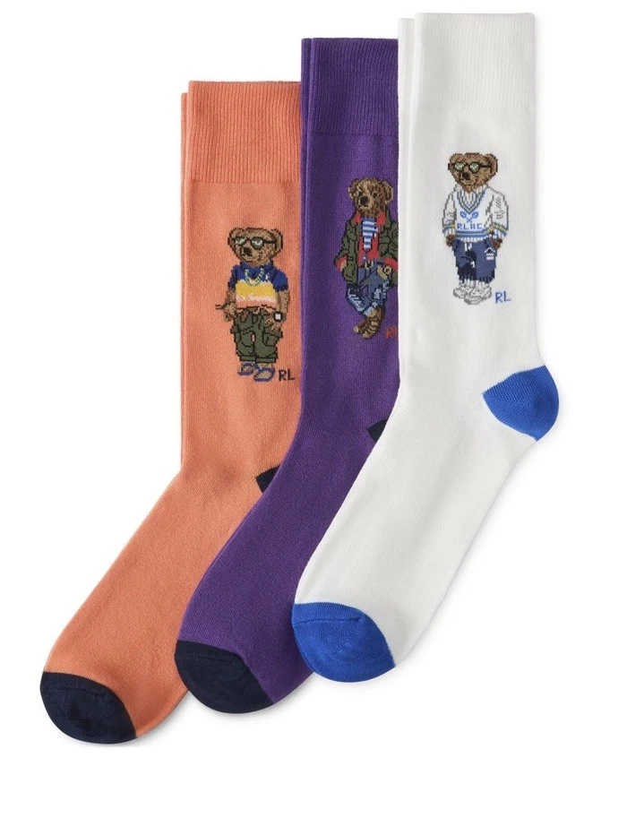 Polo Ralph Lauren 3 Osos Surtidos Calcetines Blanco Púrpura Naranja Caja de Regalo Sin Abrir Foto 2 de 4