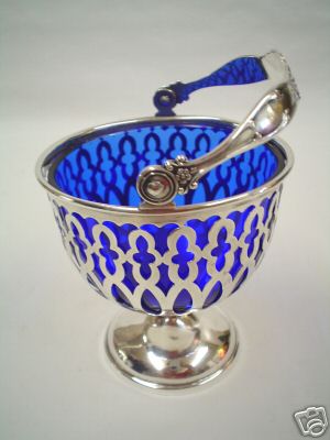  STERLING SILVER Cobalt Lined Swing Handle SUGAR BASKET