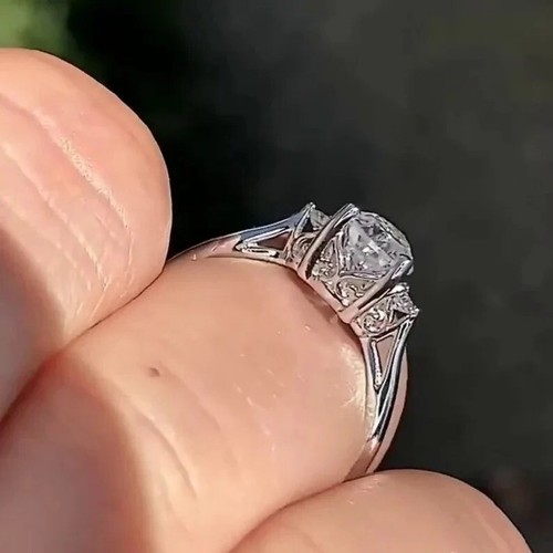 3.20 CTW Pear Cut Three Stone Moissanite Engagement Ring 14K White Gold Plated - Picture 4 of 10