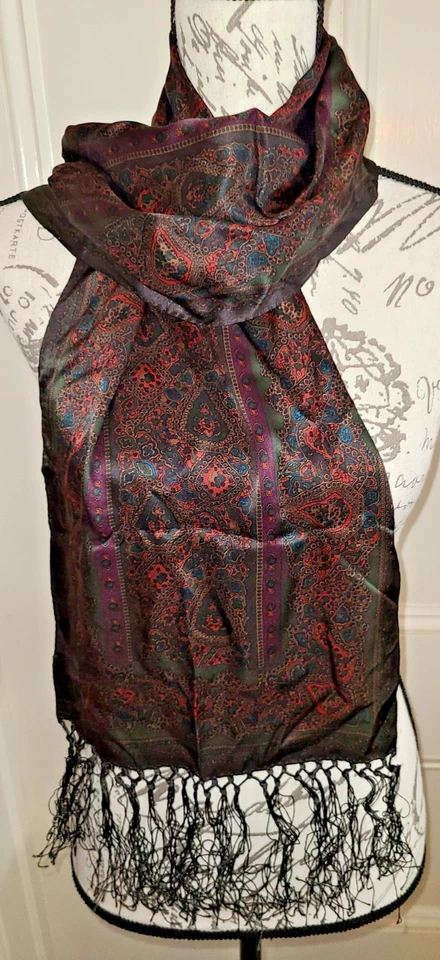 De Colección Lauren Ralph Lauren Marrón Verde Rojo Púrpura Paisley Seda Bufanda con Flecos