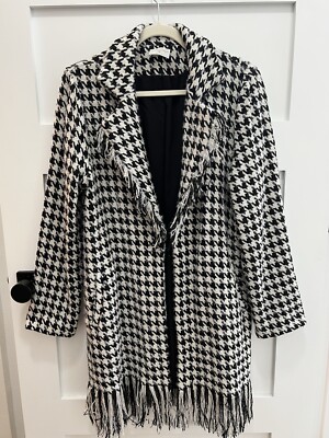 Wool Coat Black And Cream With Fringe And A Silky Inside. Size LG By Allie Rose
