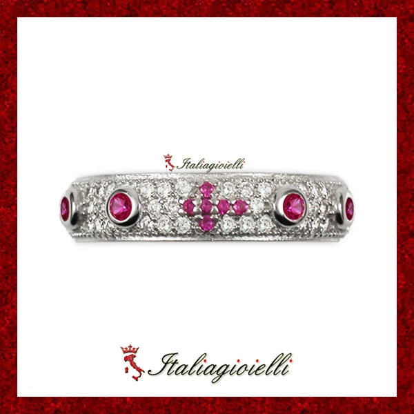 Prezioso Anello Rosario Brillante con Rubini in Argento 925 Rodiato Oro Bianco - Immagine 4 di 4
