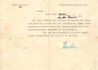 Cover letter, telephone office -6-, Erfurt, production telephone connection, 3.4.1939