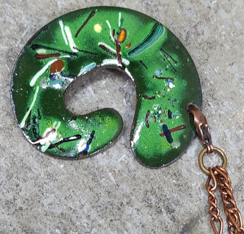 Abstract Freeform Vintage Enameled Copper Estate Pin Brooch with Dangle Chains