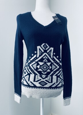 NWT Hollister Navy Blue & Grey V-Neck Knit Aztec Tribal Long Sleeve Sweater Sz M