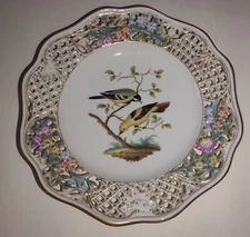 Antique Meissen Augustus Rex Pierced Porcelain Plate BIRDS flowers 8 inch  A
