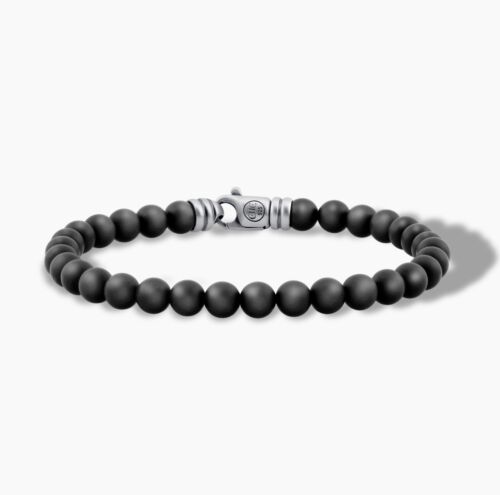 Men's 6mm Natural Matte Black Onyx Bead Bracelet Satin Sterling Silver 925 - Picture 1 of 5