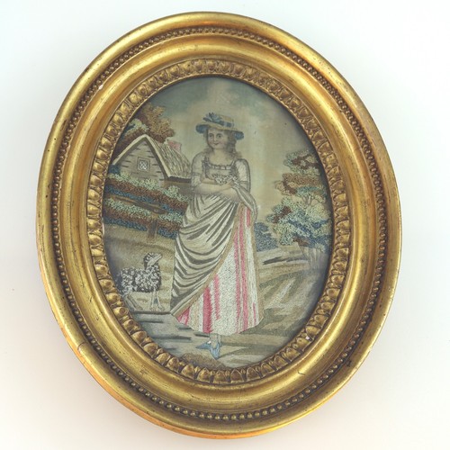 Ein bezauberndes antikes georgisches Hirtenbild bestickt & Aquarell um 1800 - Bild 2 von 6