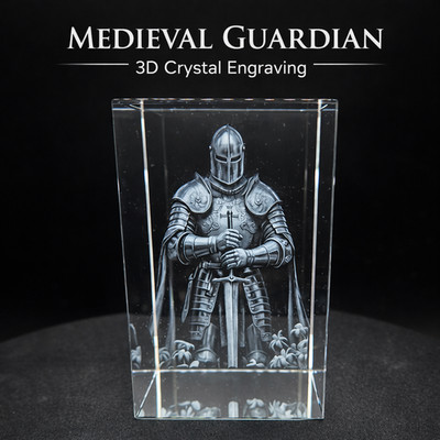 Crystal Medieval Guardian Knight Ornament Laser Engraved Gift Includes Light Box
