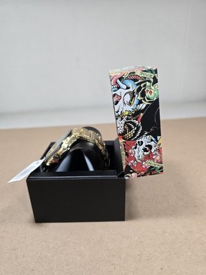 Ed Hardy Analog Wristwatch Gold Tone Bracelet Black Dial New With