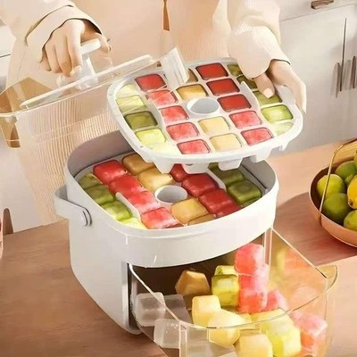 Manual Ice Cube Maker Tray Double Layer 48-Ice Mold for Freezer with Storage Box