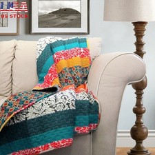 Boho Stripe Reversible Throw Blanket Soft Cotton Floral Geometric Cozy 60 x 50