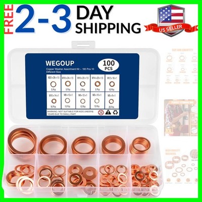 Copper Washers, Oil Drain Plug Washer, 100 PCS Copper Crush Gasket Assortment...