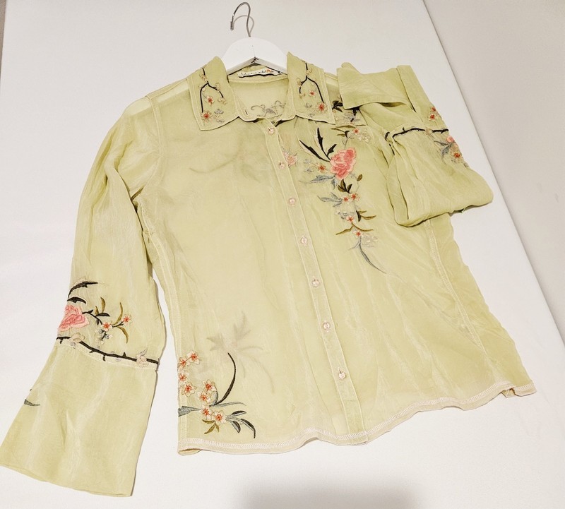 Vintage Johnny Was Sheer Embroidered Floral Fairy Button Up Blouse Size S 