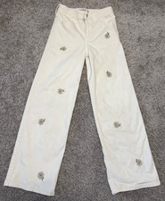 Abercrombie Kids High Rise Wide Leg Jeans Cream Embroidered Flowers Girls Size 9