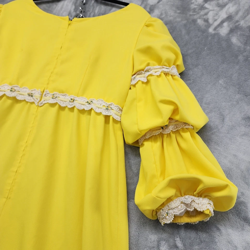 Винтажный длинный пухлый Мари рукав завышенной талии макси платье размер M желтый белый кружева - Изображение 3 из 4