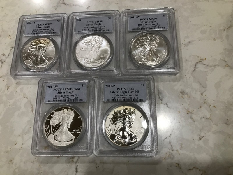 25th ANNIVERSARY SET OF SILVER EAGLE DOLLAR(5 coins) CERTIFIED,GRADED PCGS69