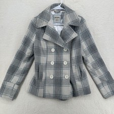 Preppy Y2K Vintage Old Navy Wool Gray Double Breasted Plaid Peacoat