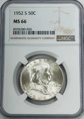 1952 S Franklin Half Dollar NGC MS66 Tough Date Franklin/Toned Reverse