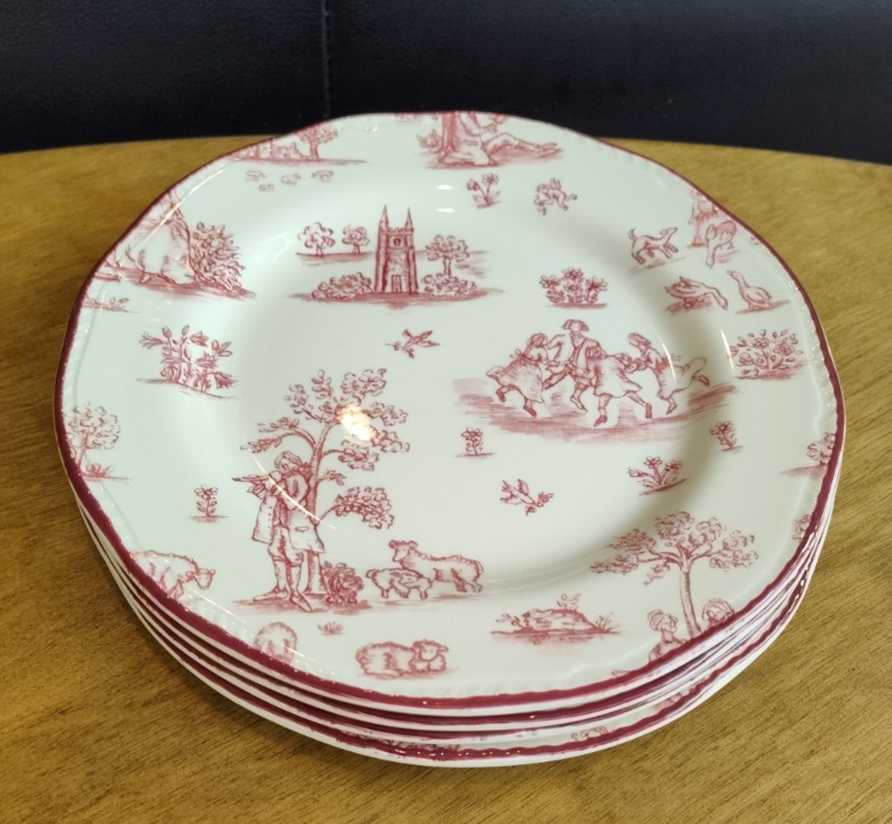 4 Wood & Sons Toille De Joile Scene Pink 7 3/4” Salad Plates England Red EUC Set