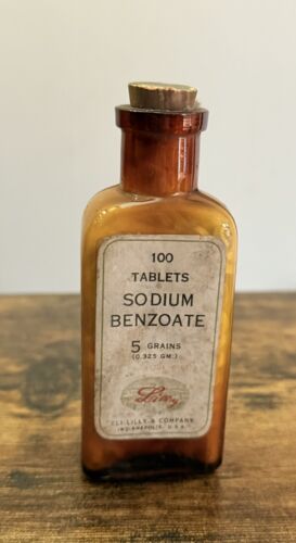 Vintage SODIUM BENZOATE Medicine Bottle Sealed w/ Contents