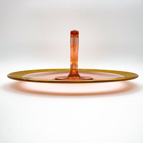 Vintage Pink Depression Glass Tidbit Tray w Gold Rim Dessert Plate w Handle - Picture 10 of 12