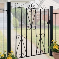 Large Arched Swirl Ball Top Black Iron Pedestrian Garden Gate Door Side Gate UK