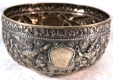 Antique Thai Siam Songkran Water Festival Repousse Sterling Silver Bowl 526g