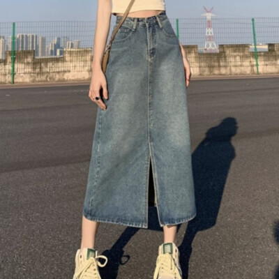 Lady Casual Denim Skirt Front Slit High Waist Skirts Loose Jeans