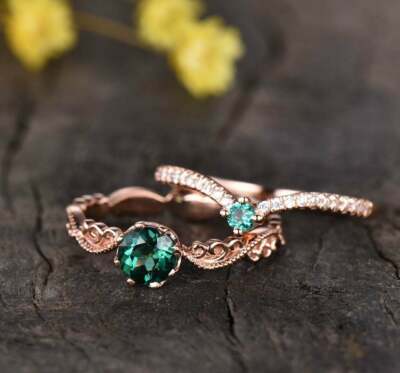 2Ct Round Lab Created Green Emerald Bridal Set Ring 14K Rose Gold Plated Silver