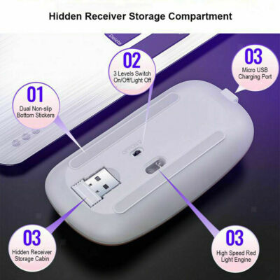 Souris Sans Fil Rechargeable, Mini Souris Optique Sans Silence Click, Ultra Mince 2400 Dpi Pour