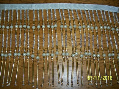 IMPORTED ELEGANCE LONG GOLD BUGLES ,CLEAR & PEARLS BEADED FRINGE