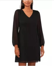 MSK  Women's Long Sleeve V-Neck Shift  Chiffon Dress Sheer With Lining Sz L