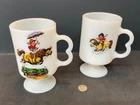 2 Vintage Norman Thelwell Pony & Rider Milk Glass B Handle Pedestal Mugs KNE