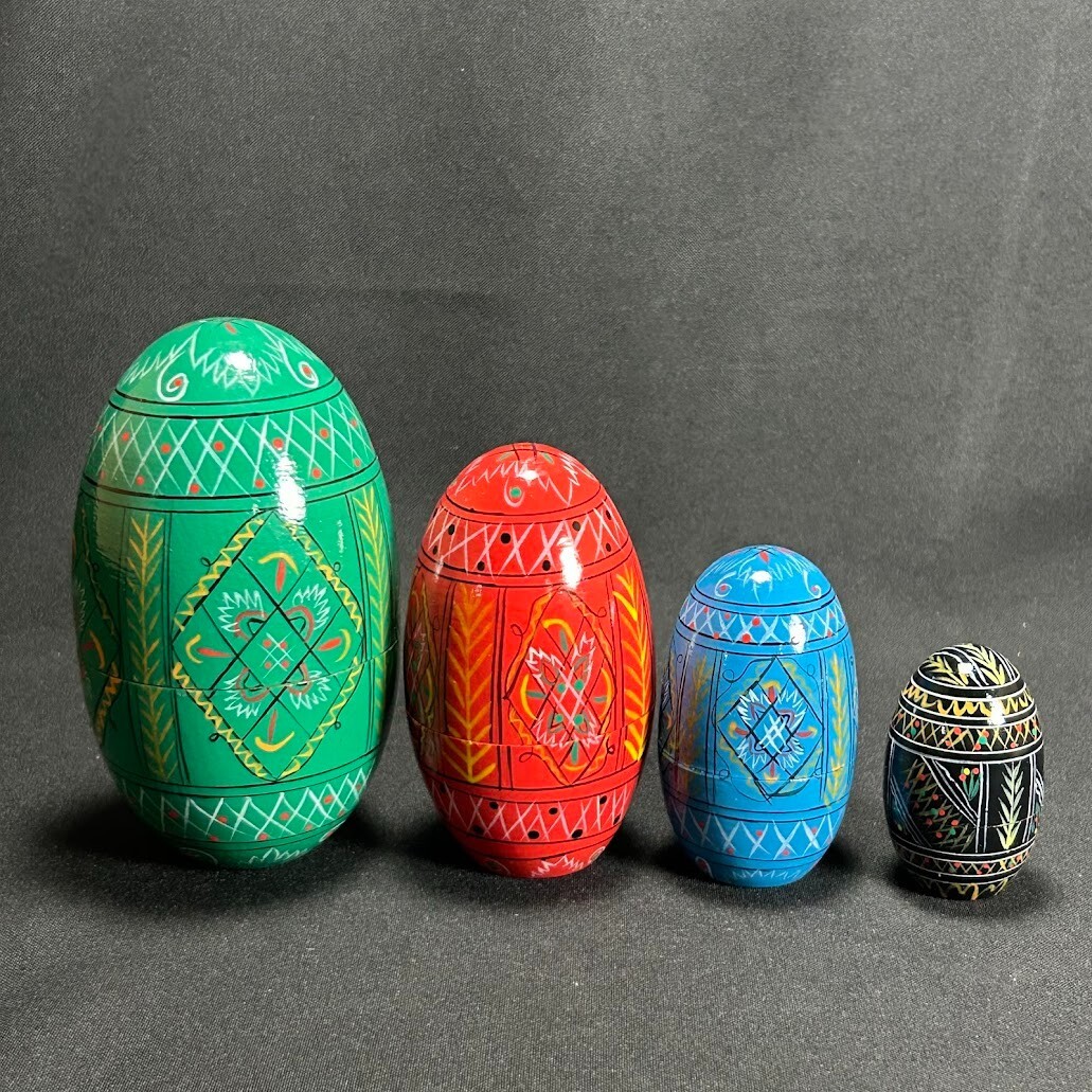 Vintage Handmade Nested Wooden Egg Green, Red, Blue & Black Set of 4